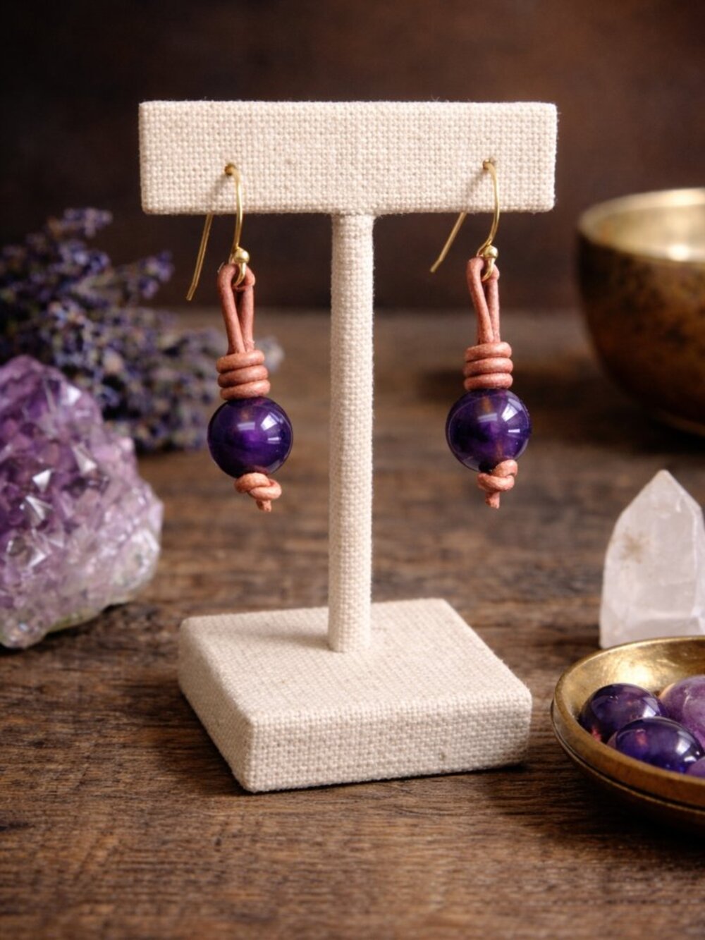 Amethyst Gemstones on Hand Knotted Soft Brown Leather Cord Earrings